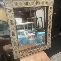 Antique Syrian Hand-Inlaid Mother of Pearl & Bone Mirror (30" x 24")