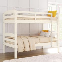 Solid Wood Twin-over-Twin Convertible Bunk Bed, Vanilla 