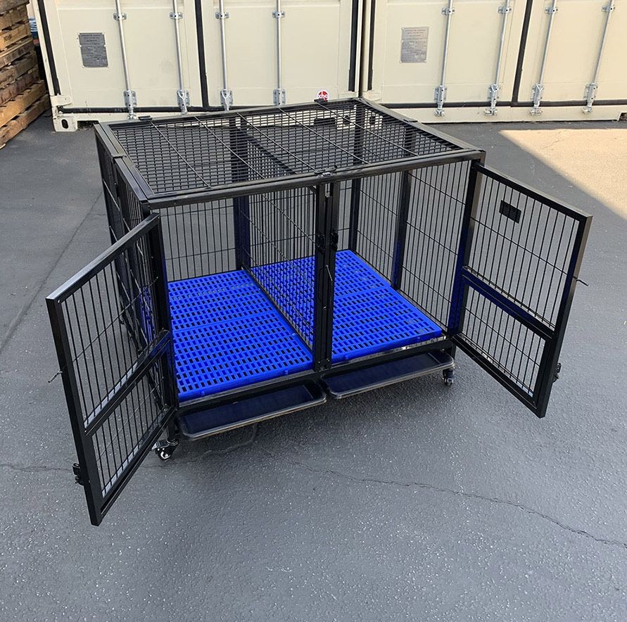 (Brand New) $190 Folding Heavy Duty Dog Cage 41x31x34” Double-Door Stackable Kennel w/ Divider, Plastic Tray