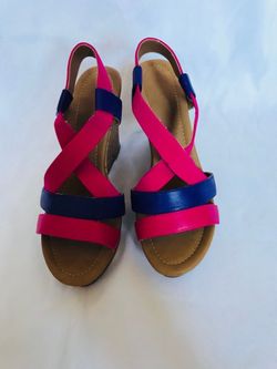 Pink-and-blue open toe wedges