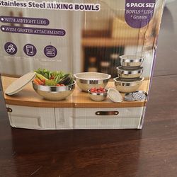 6-Piece Stainless Steel Mixing Bowl Set with Airtight Lids & Grater Attachments – Dishwasher & Freezer Safe
