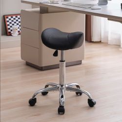 Swivel Saddle Stool with Wheels, Adjustable Rolling 18"-26", Faux Leather, Black