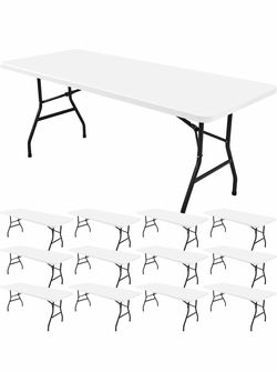 Showgeous 12 Pack Stretch Fabric Table Top Cap Cover, White, 30" W x 96" L Elastic Fitted Tablecloths for 8 Foot Rectangle Tables, Washable Spandex Pi