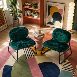 Set Of 2 - Emerald Green Plush Accent Chairs w/  Matte Black Metal Frame [NEW IN BOX] **Retails for $150
