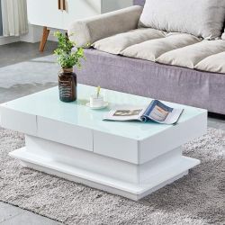 Modern White High Gloss Coffee Table with 2 Storage Drawers