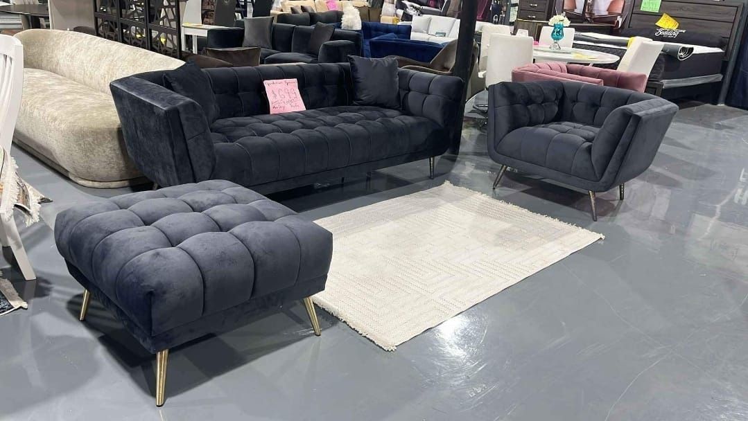 3 PIECE SOFA ARMCHAIR OTTOMAN CHARCOAL VELVET 