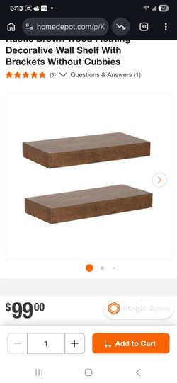 Kate and Laurel
Havlock 8 in. x 18 in. x 2.25 in. Rustic Brown Wood Floating Decorative Wall Shelf With Brackets Without Cubbies