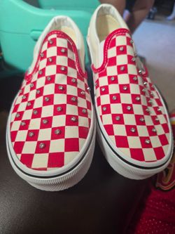 Vans Slip-On Checkerboard Rhinestone Shoes CD4 Red/White Women's Size 8 1/2 New