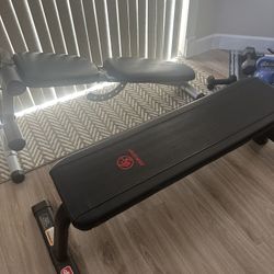 Weight Bench, Curl Bar, And Weights.