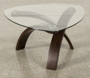 Living Spaces 34” Midcentury Wide Triangle Glass Top & Wood Base Coffee Table- $100