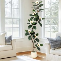 6FT Rubber Tree Artificial Tree, Fake Floor Plant with 7 Pcs Magnolia Flowers in White Planter Bonsai Planter