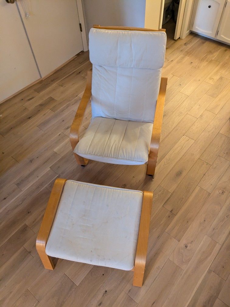 Poang Chair With Footstool, Ivory And Natural Wood