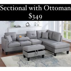 Light Grey Sectional Linen Like Fabric With Pillows Storage Ottoman And Cup Holders Brand New In Box Firm Price $349