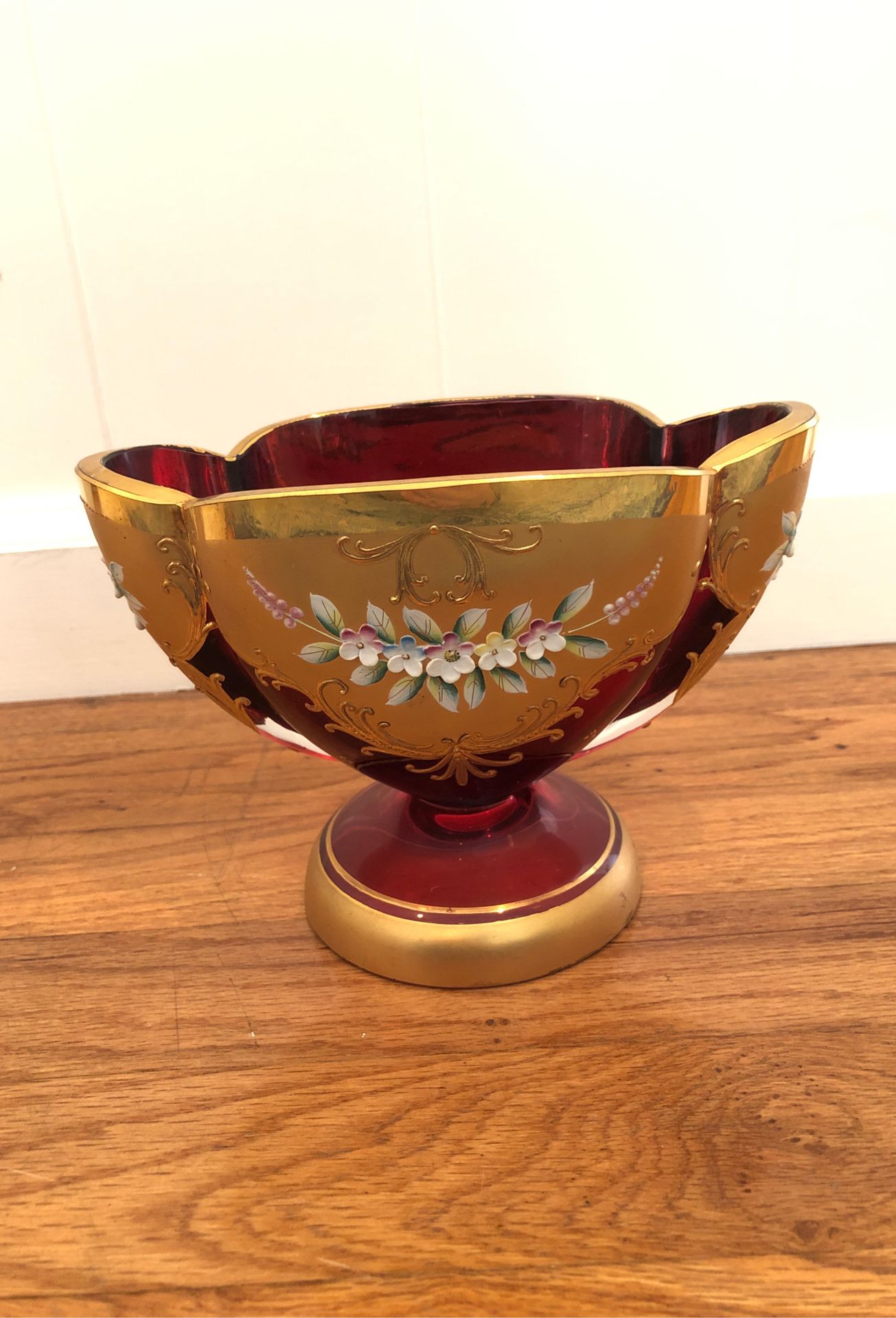 Vintage Bohemian Crystal ruby glass and hand painted bowl