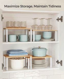 New SONGMICS Cabinet Organizer Shelf,  Kitchen Counter Shelves, Kitchen Storage, Spice Rack, Stackable, Expandable, Metal and Engineered Wood, Cloud W