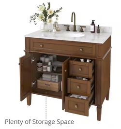 洗脸池，XS-001-03, $350  36 in. W x 21.5 in. D x 35 in. H Single Sink Freestanding Bath Vanity in Brown with White Carrara Marble Top  New in box, truck o