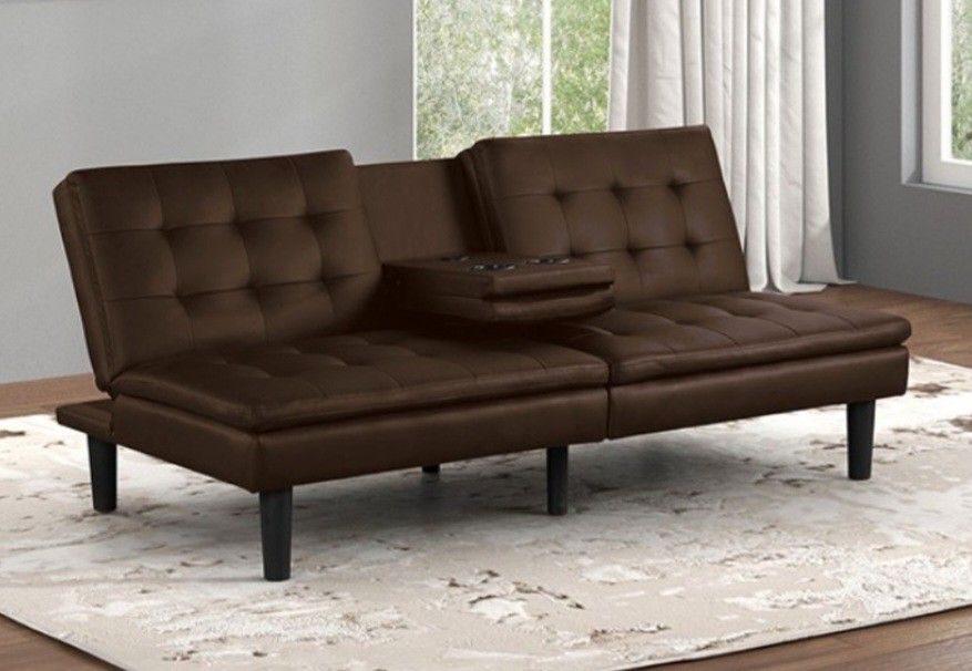 Brand New Brown Leather Futon Sofa Sleeper 