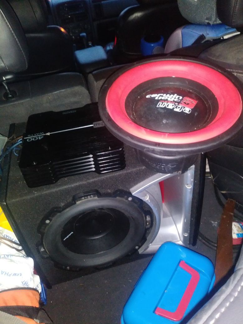 Two 10-inch Subs 1 is a Cerwin Vega the other is a P1 Fosgate and a 400 watt dual amp