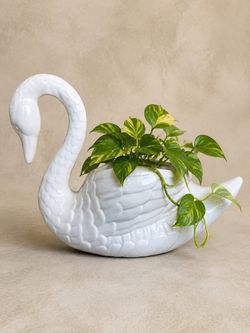 Large 22” Vintage White Ceramic Swan Planter
