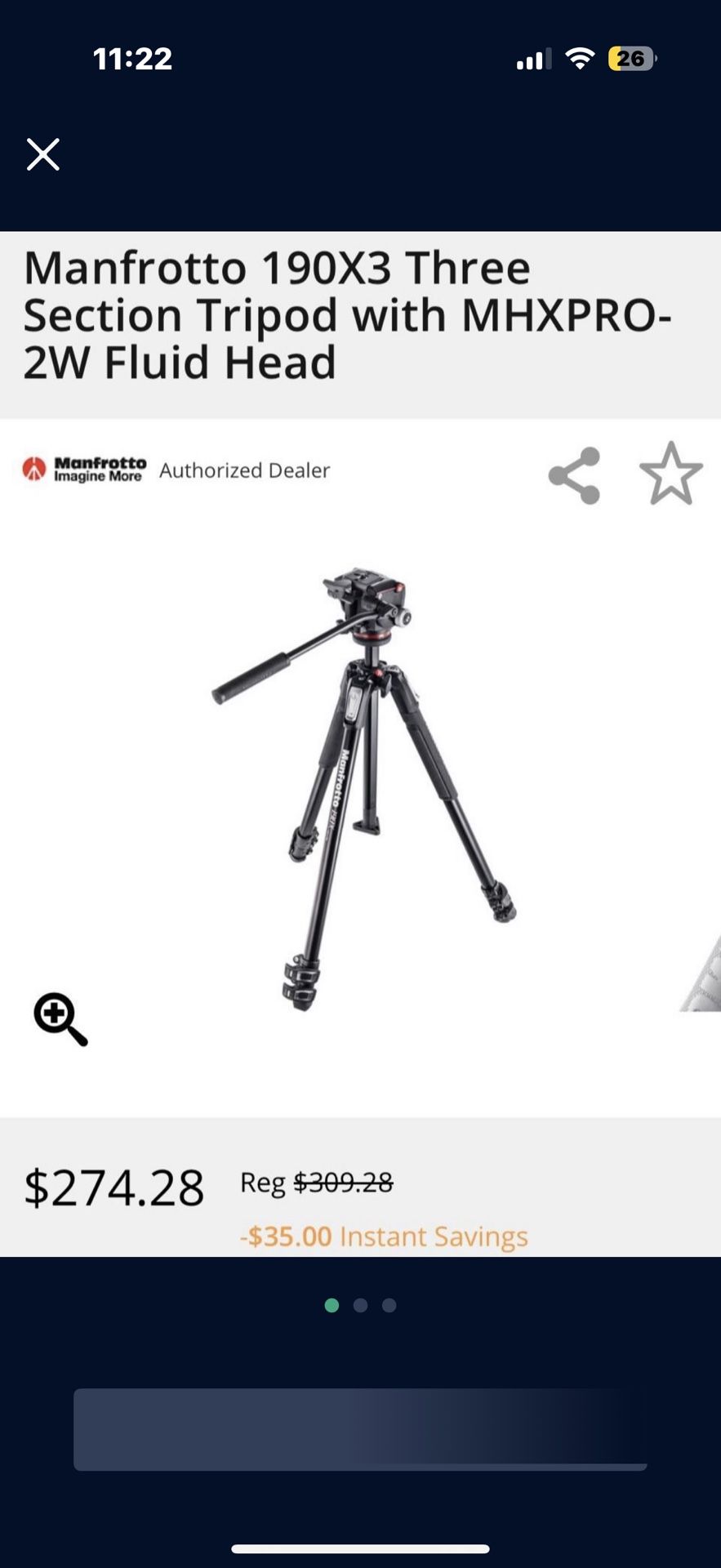 Manfrotto 190X3 Three Section Tripod with MHXPRO-2W Fluid Head