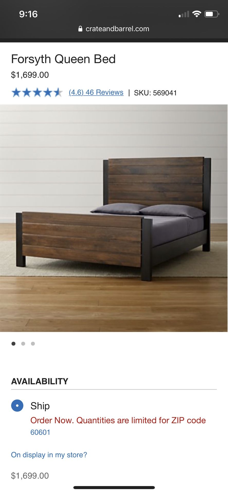 Crate & Barrel Forsyth Queen Bed Frame and Nightstand