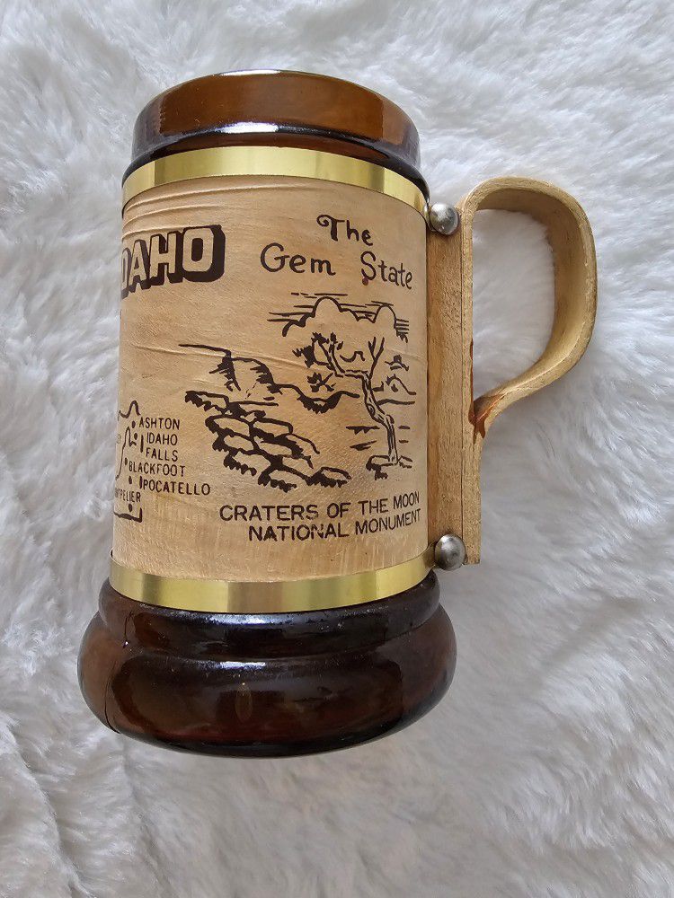 Vintage 1960s Amber Glass Wood Idaho Souvenir Mug W/ Vernier And Bent Wood