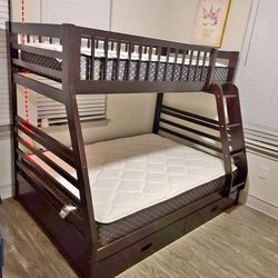 Brand New🚦$10 Down Payment Finance ▪️▪️ California Brown Twin/Full Bunk Bed with 2 Drawers 