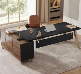 JW0991AB 78.7-Inch Executive Desk, L-Shaped Desk with 55-Inch Cabinet, Large Office Desk with Storage Shelves, Modern Computer Desk for Home Office, B