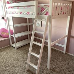 White Twin Loft Bed with Shelves