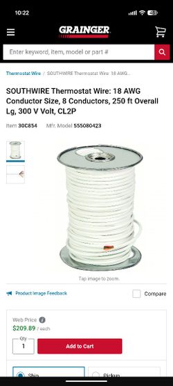 SOUTHWIRE Thermostat Wire: 18 AWG Conductor Size, 8 Conductors, 250 ft Overall Lg, 300 V Volt, CL2P
