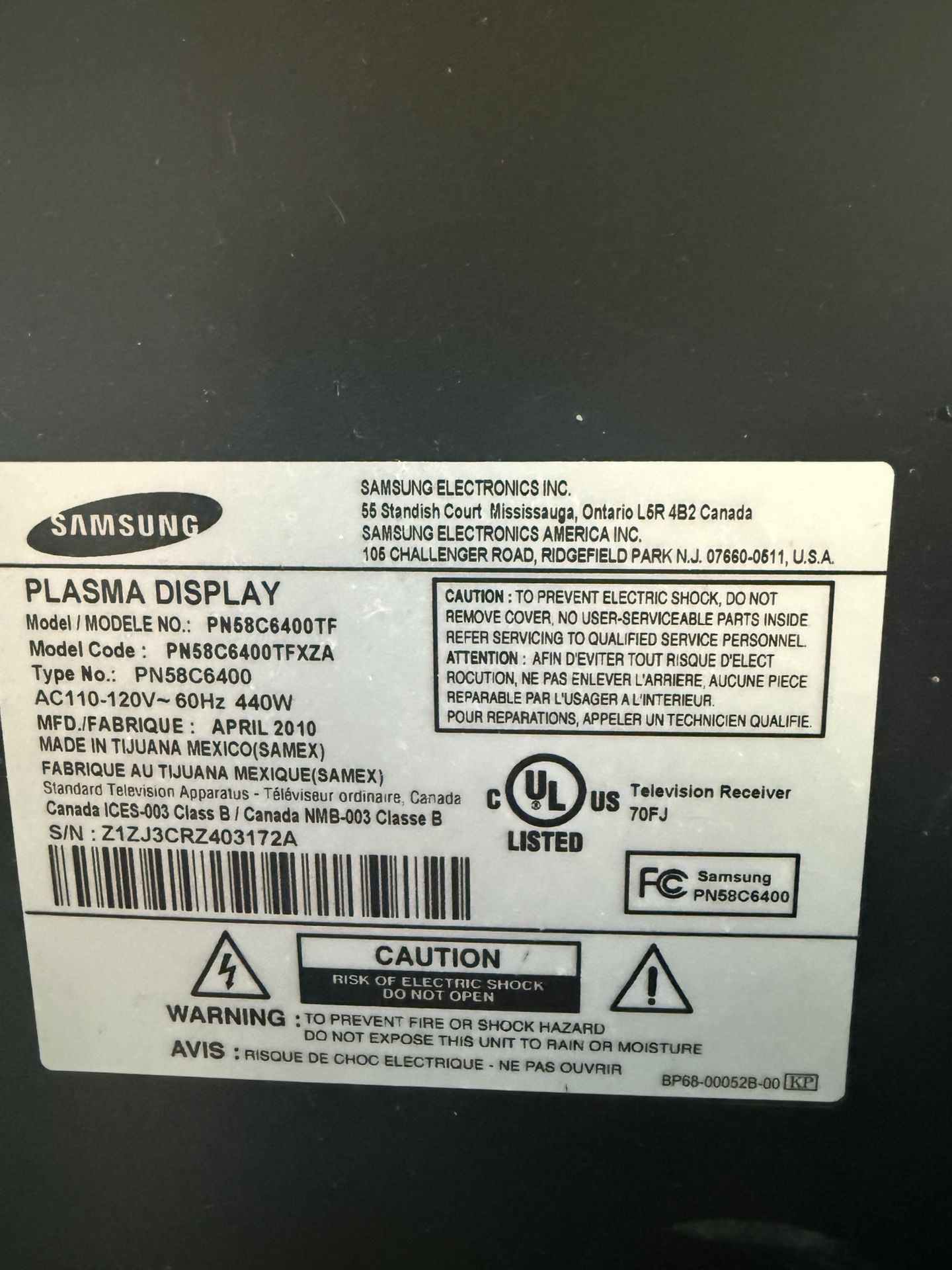 65” Samsung tv - Needs Power Supply