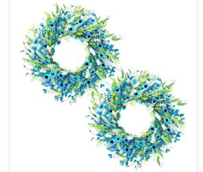 New Hotop 2 Pcs Spring Summer Door Wreath For Front Door 22'' Artificial Blue Daisy Flower Wreaths With White Floral Green Leaves For Indoor Outdoor H