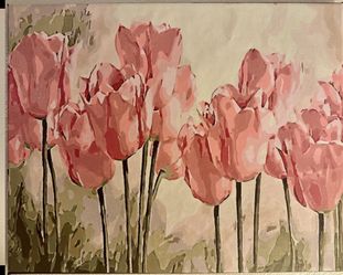 Handmade Framed Canvas Painting Pink Tulips Flowers Home Decor (16x20 Inches)
