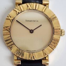 18K GOLD TIFFANY & CO. ATLAS WATCH WTH LEATHER STRAP