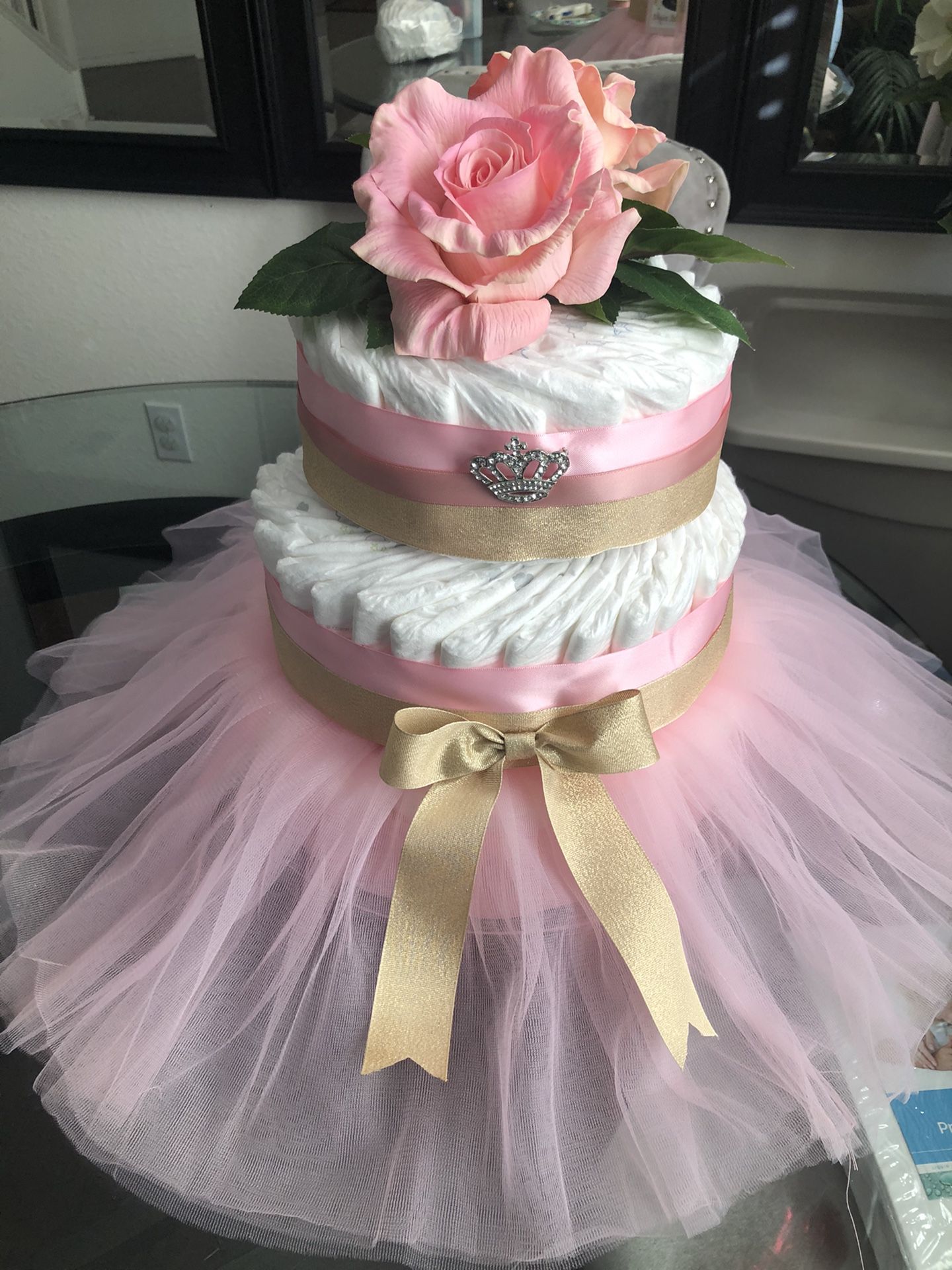 Diaper Cake, Pink & Gold Color, Tiara Tutu Baby Girl Baby Shower Newborn