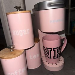 Pink Keurig Coffee Machine With Pink Cup And Pink Canister 