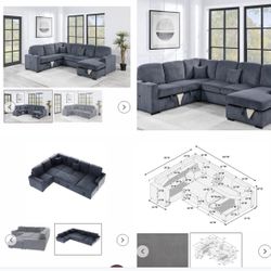 $649-4Piece Convertible Sectional  Sleeper Sofa ,Chaise Storage ,Sofa Storage & USB Ports 98” x 103” x 61” x36”H