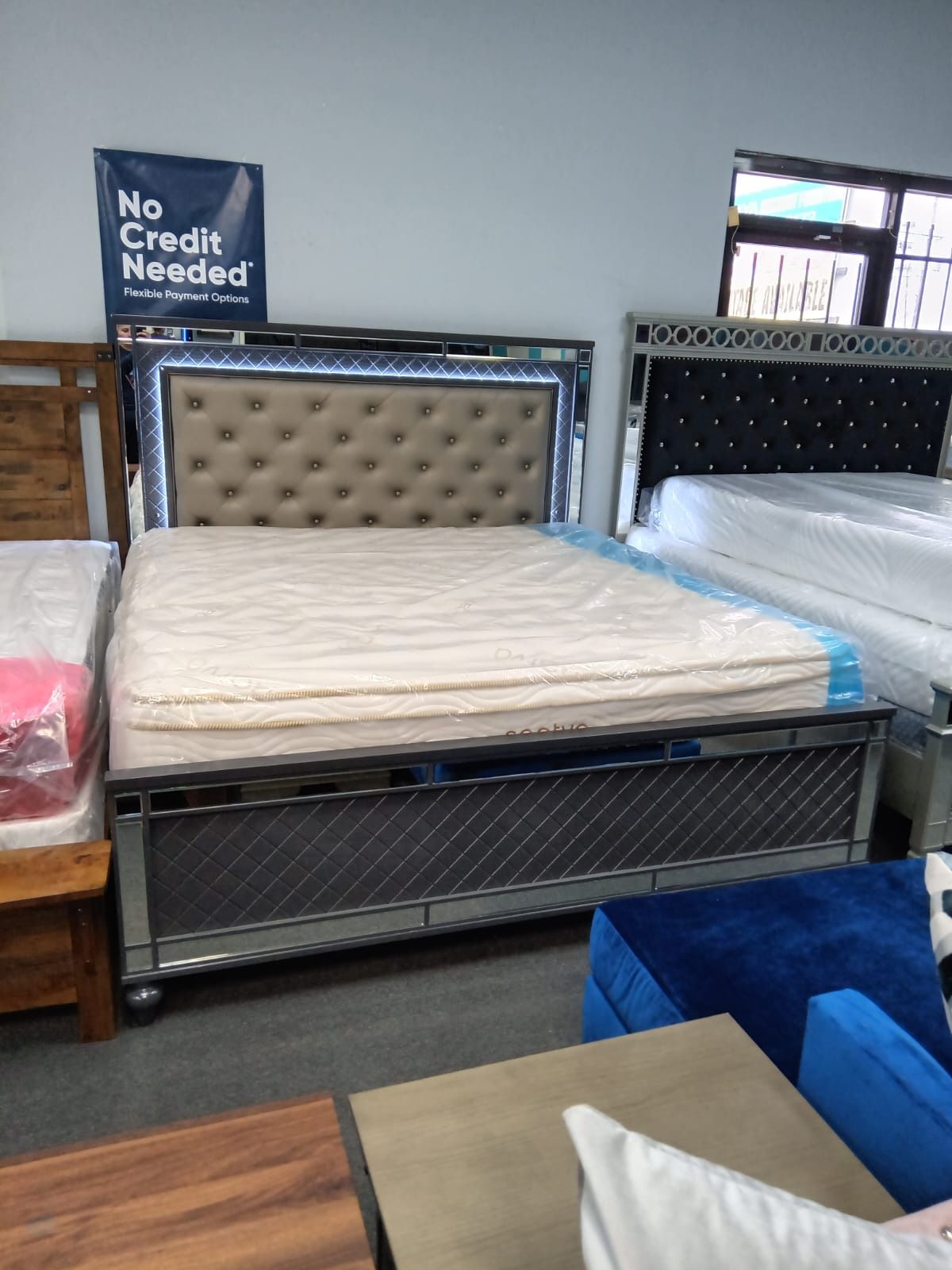 King Bed Frame Grey LID LIGHTS With Mattress Set Pillow Top
