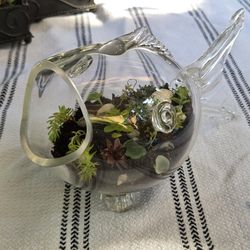 🌊 Glass Fishbowl Succulent Planter – Real Sea Glass + Shells – Coastal Decor