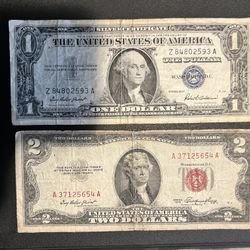 1 Dollar Bills Silver Certificate And 2 Dollar Red Note 