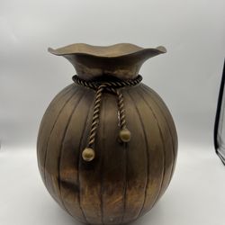 Vintage Patina Striped Brass Money Bag Vase Braided Rope Tassel Accents 11”Tall