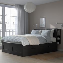  Bed frame with storage & headboard, black/Luröy, King