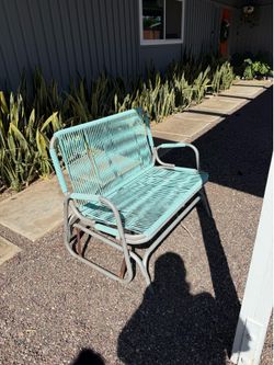 Vintage Mid-Century Modern Aqua Vinyl Cord Patio Glider Loveseat