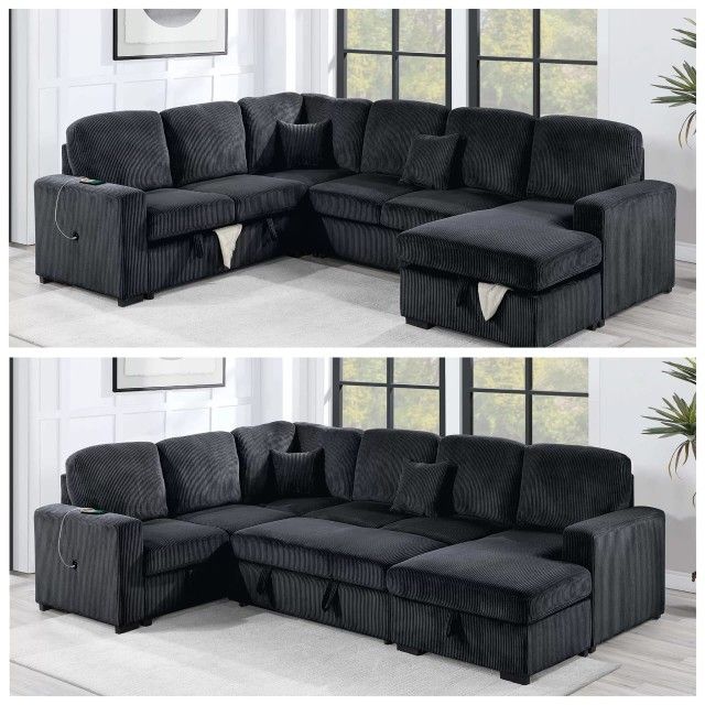 Black large corduroy sectional sleeper sofa with pull out bed
