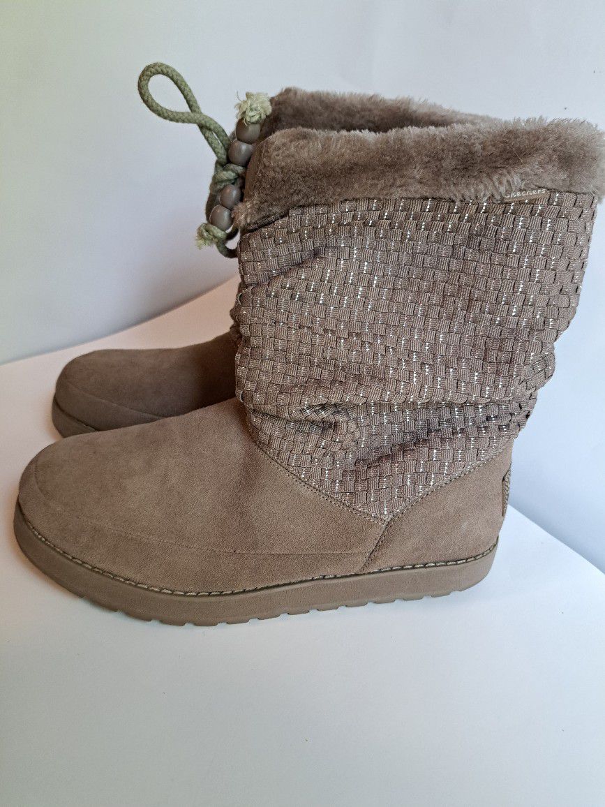 Skechers Women's  Keepsakes Lazy Bones Taupe Faux Fur Leather Winter Boots Size9