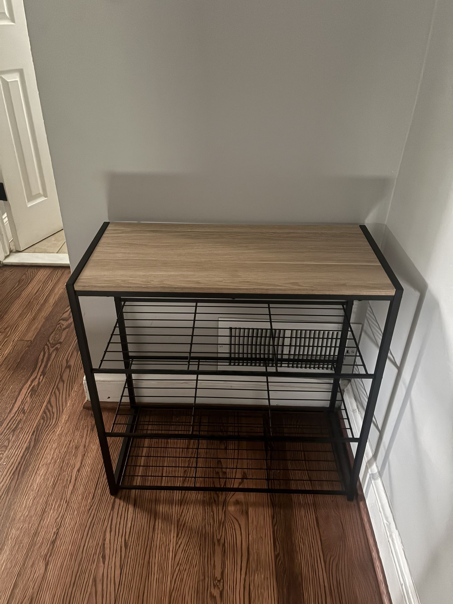 Modern 3-Tier Shoe Rack with Wood Top – Black Metal Frame