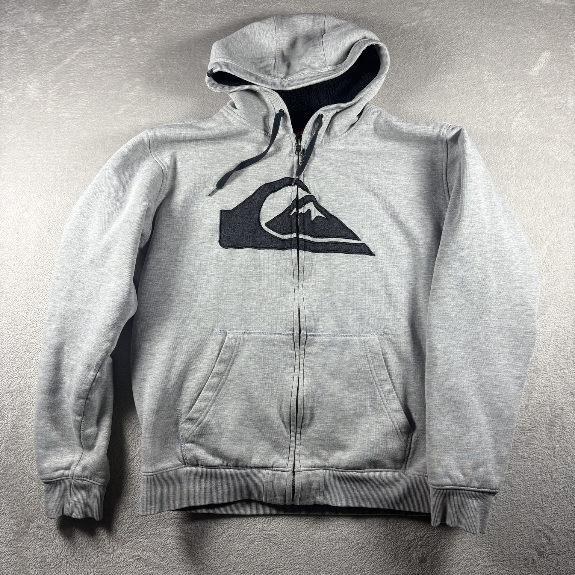 Vintage Quiksilver Sherpa Lined Mens L Gray Hoodie Jacket Surf Skater Y2K Grunge