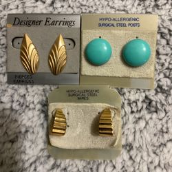 3 Pairs Of Earrings,2 Goldtone And 1 Aqua/turquoise Round With Surgical Post
