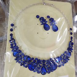 Blue Rhinestone Necklace And Earring Set 