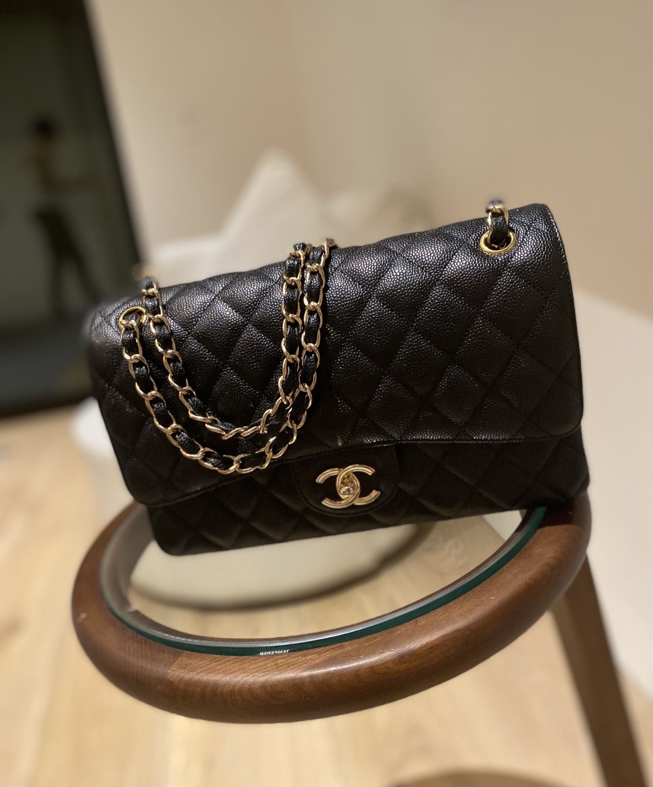 CHANEL BLACK CAVIAR JUMBO CLASSIC DOUBLE FLAP BAG